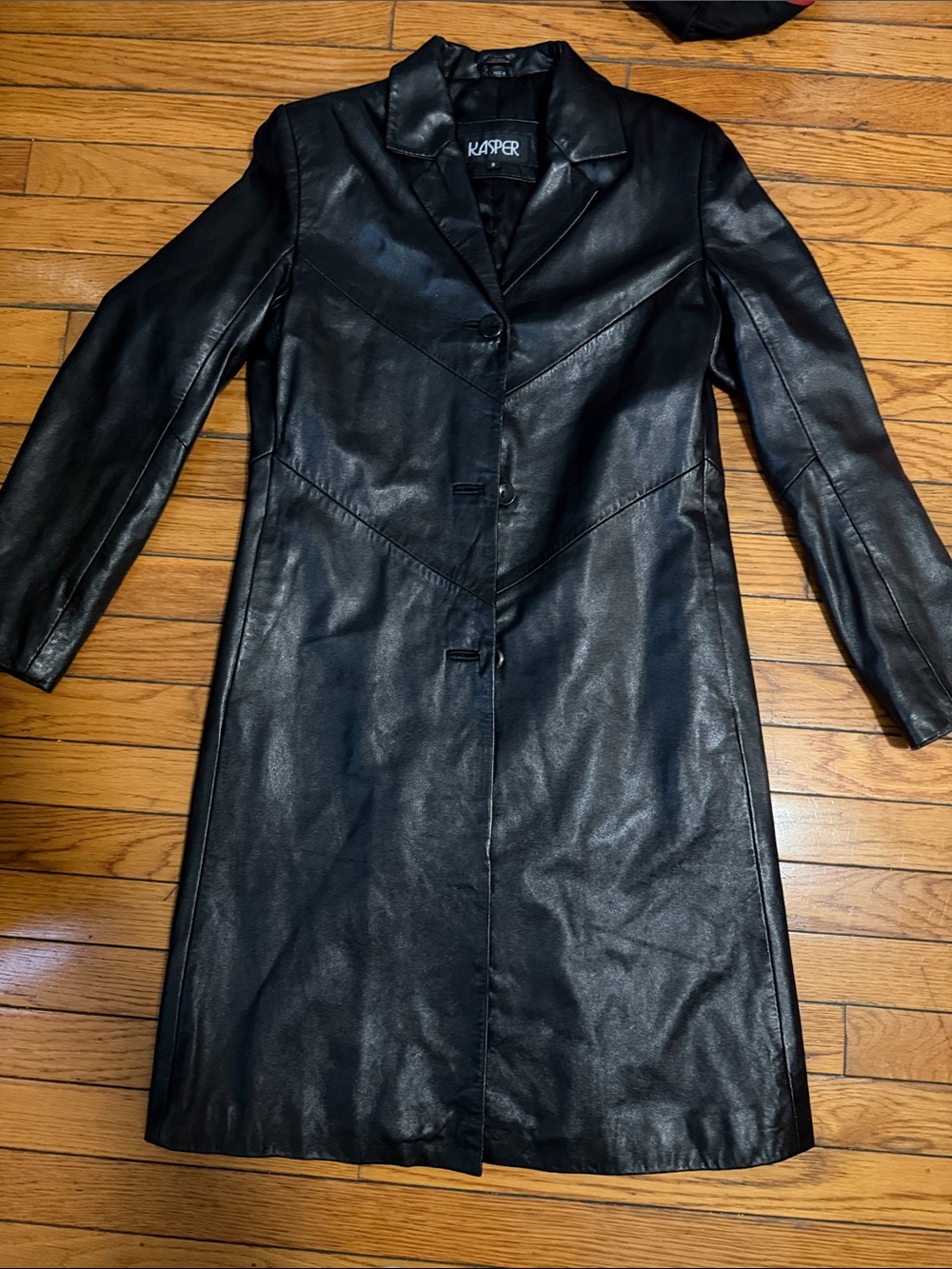 Kasper Black Long Leather Coat with Notch Collar